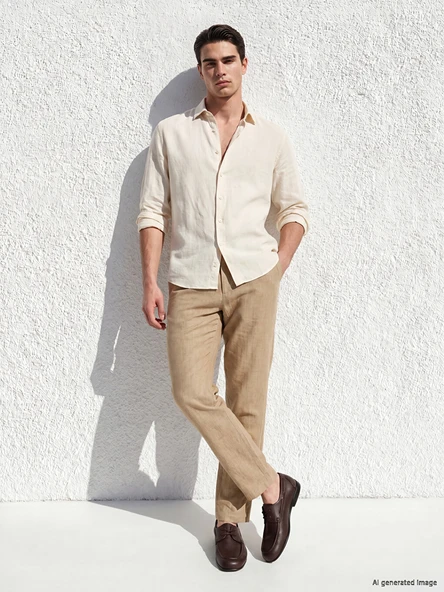 LCWAIKIKI Classic Bej Regular Fit Keten Karışımlı Erkek Chino Pantolon ürün görseli 1