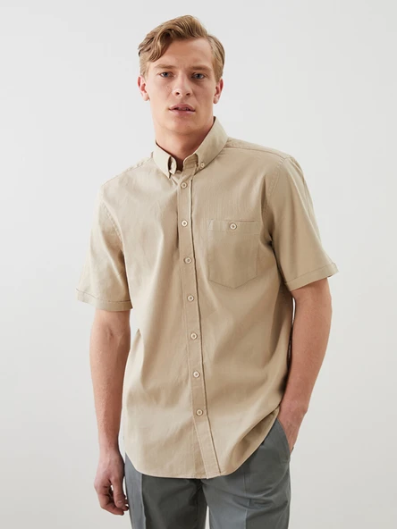 LCWAIKIKI Classic Bej Regular Fit Poplin Erkek Gömlek ürün görseli 1