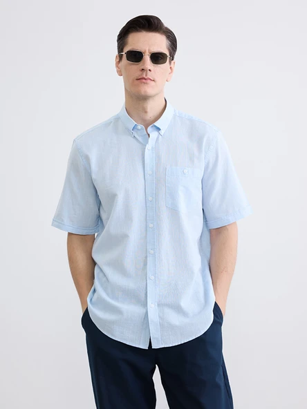 LCWAIKIKI Classic Mavi Regular Fit Keten Karışımlı Erkek Gömlek ürün görseli 1