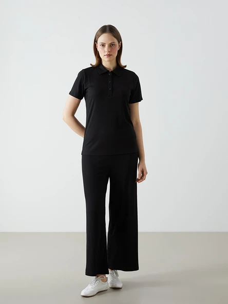 LCWAIKIKI Basic Siyah Beli Lastikli Geniş Paça Kadın Pantolon ürün görseli 1
