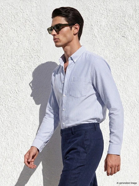 LCWAIKIKI Classic İndigo Regular Fit Çizgili Erkek Gömlek ürün görseli 1