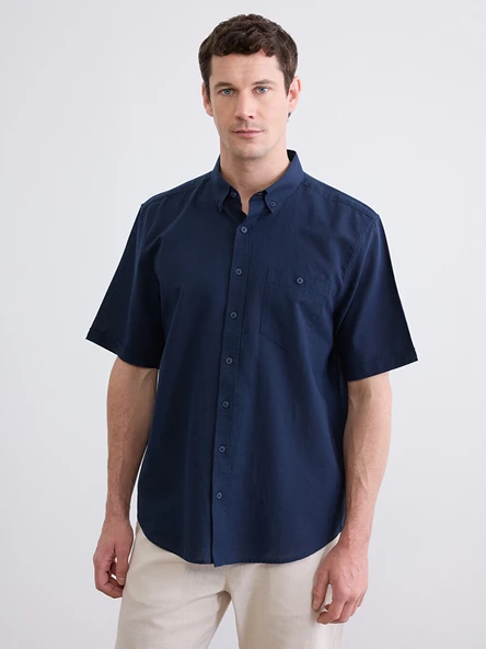 LCWAIKIKI Classic Lacivert Regular Fit Keten Karışımlı Erkek Gömlek ürün görseli 1