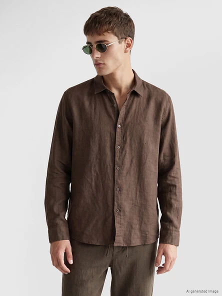 LCW Vision Kahverengi Regular Fit %100 Keten Erkek Gömlek ürün görseli 1