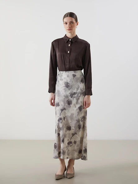 LCW Modest Gri Batik Desenli Saten Kadın Etek ürün görseli 1