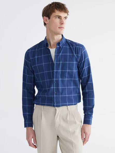 LCWAIKIKI Classic İndigo Regular Fit Ekose Erkek Gömlek ürün görseli 1