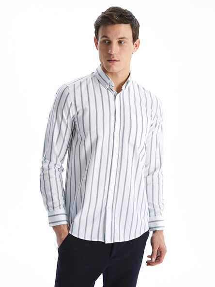 LCWAIKIKI Classic Beyaz Regular Fit Uzun Kollu Çizgili Erkek Gömlek ürün görseli 1