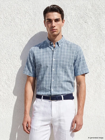 LCWAIKIKI Classic İndigo Regular Fit Kareli Erkek Gömlek ürün görseli 1