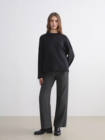 LCW Modest Gri Beli Lastikli Dokulu Geniş Paça Kadın Pantolon ürün görseli 1