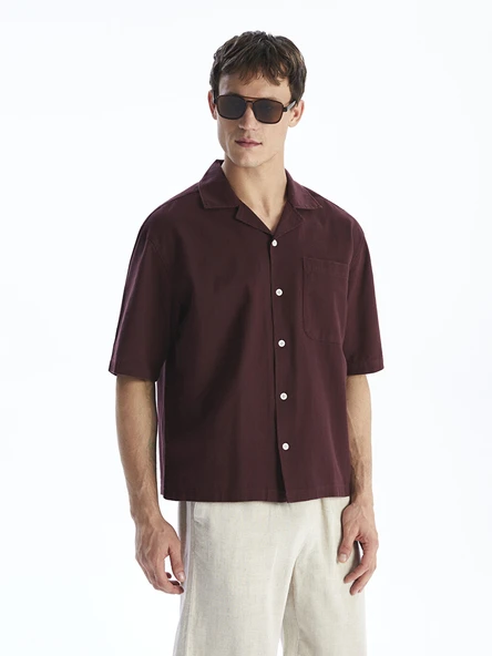LCW Vision Bordo Regular Fit Resort Yaka Kısa Kollu Poplin Erkek Gömlek ürün görseli 1