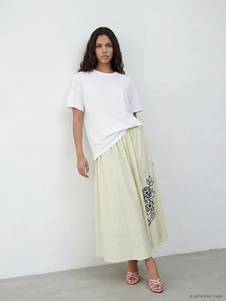 LCW Modest Sarı Beli Lastikli Çiçekli Kloş Etek ürün görseli 1