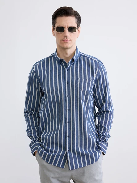 LCWAIKIKI Classic Lacivert Regular Fit Çizgili Armürlü Erkek Gömlek ürün görseli 1