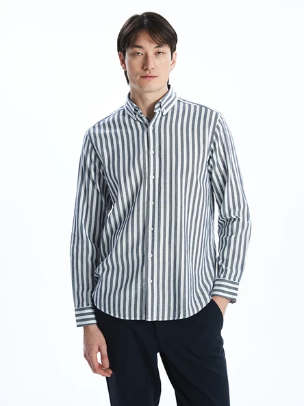 LCW Vision Lacivert Regular Fit Uzun Kollu Çizgili Poplin Erkek Gömlek ürün görseli 1