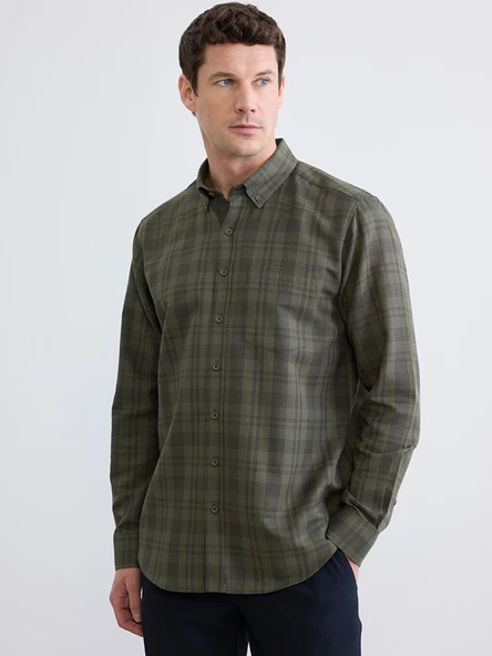 LCWAIKIKI Classic Haki Regular Fit Ekose Gabardin Erkek Gömlek ürün görseli 1