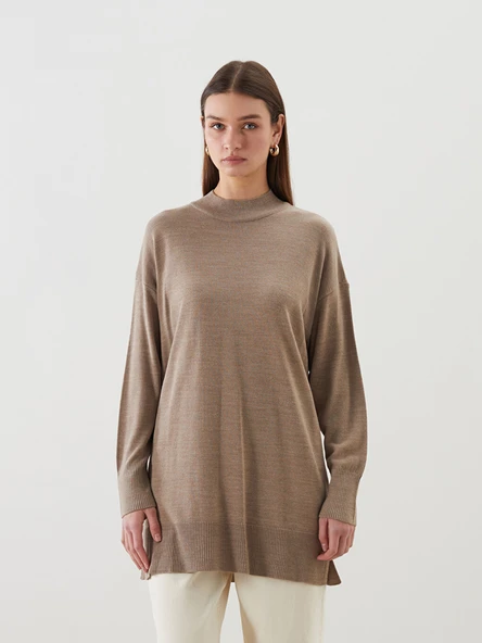 LCW Modest Bej Dik Yaka Kadın Triko Tunik - Resim 5