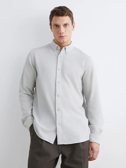 LCW Vision Bej Slim Fit Uzun Kollu Erkek Dokulu Gömlek ürün görseli 1