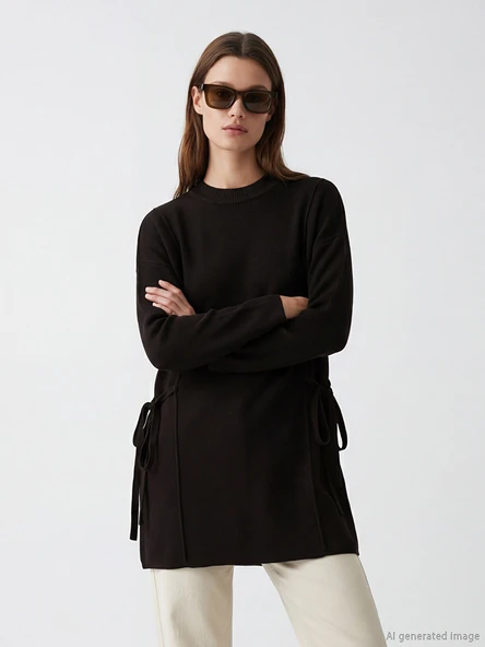 LCW Modest Siyah Bisiklet Yaka Oversize Kadın Triko Tunik ürün görseli 1