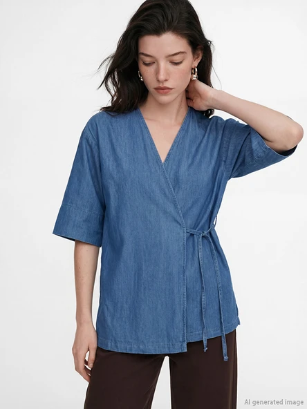 LCW Comfort İndigo Kruvaze Yaka Bağlamalı Kadın Tunik ürün görseli 1