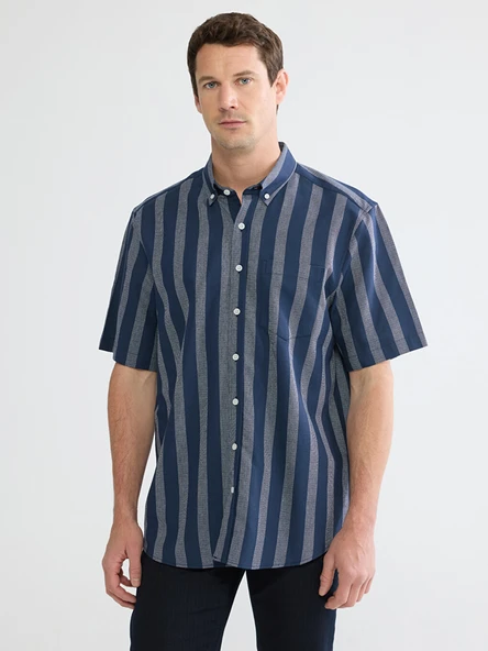 LCWAIKIKI Classic İndigo Regular Fit Çizgili Armürlü Erkek Gömlek ürün görseli 1
