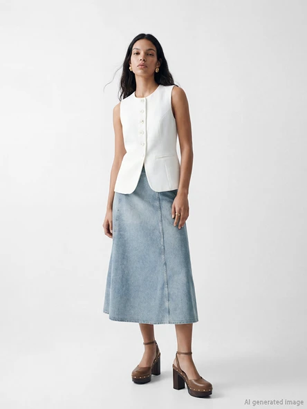 LCW Vision İndigo Yüksek Bel A Kesim Jean Etek ürün görseli 1
