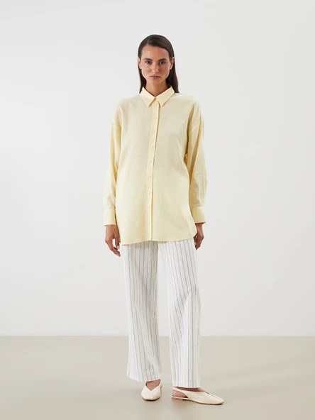 LCW Modest Ekru Beli Lastikli Çizgili Keten Karışımlı Kadın Pantolon ürün görseli 1