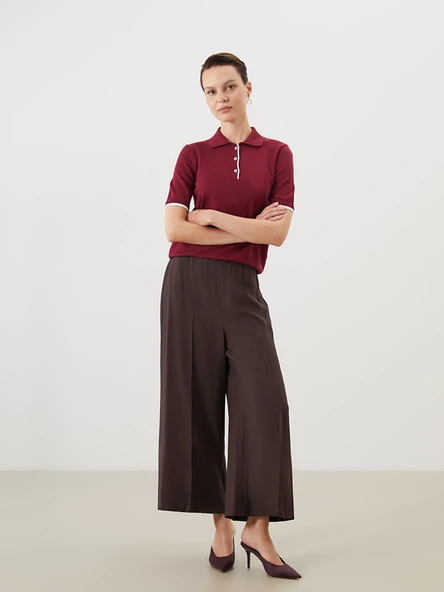 LCW Modest Kahverengi Beli Lastikli Geniş Paça Kadın Pileli Pantolon ürün görseli 1