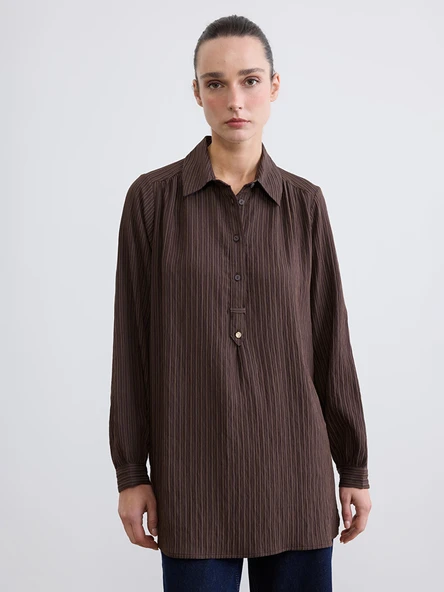 LCW EVERYDAY Kahverengi Gömlek Yaka Çizgili Oversize Armürlü Kadın Tunik ürün görseli 1