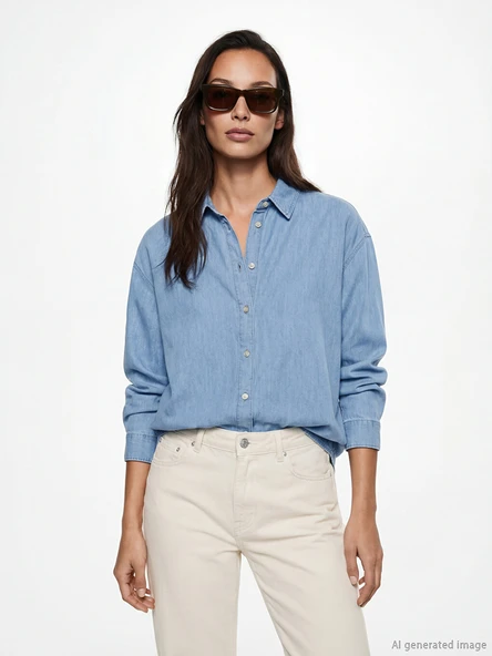 LCW ECO İndigo Gömlek Yaka Oversize Kadın Jean Tunik ürün görseli 1