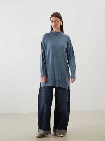 LCW Modest Mavi Dik Yaka Kadın Triko Tunik - Resim 2