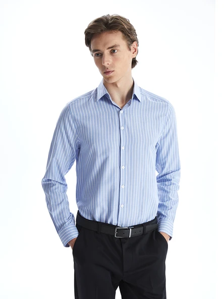 LCW BUSINESS Mavi Slim Fit Uzun Kollu Çizgili Oxford Erkek Gömlek ürün görseli 1