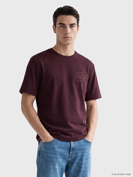 LCWAIKIKI Classic Bordo Bisiklet Yaka Baskılı Erkek Tişört ürün görseli 1