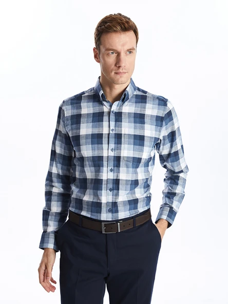 LCWAIKIKI Classic İndigo Regular Fit Uzun Kollu Ekose Poplin Erkek Gömlek ürün görseli 1