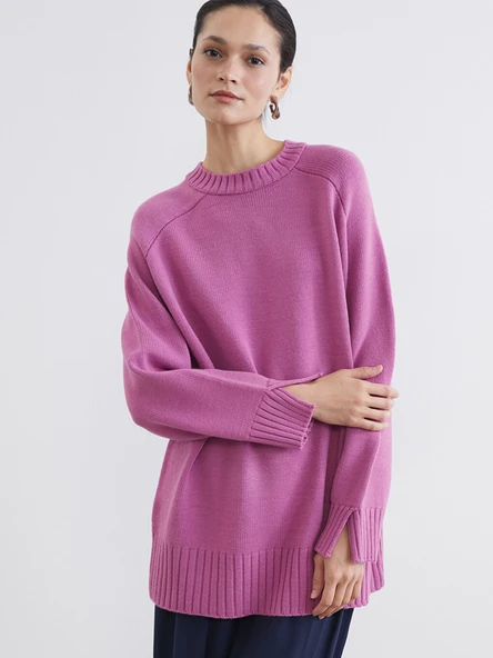 LCW Modest Pembe Bisiklet Yaka Oversize Kadın Triko Tunik ürün görseli 1
