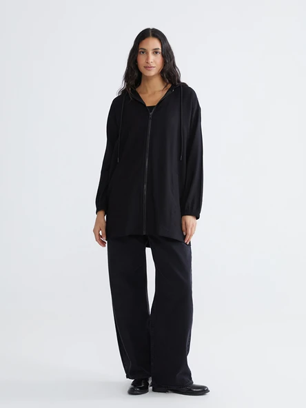 LCW Modest Siyah Kapüşonlu Oversize Kadın Tunik - Resim 3