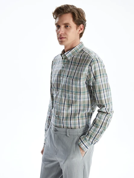 LCWAIKIKI Classic Yeşil Regular Fit Uzun Kollu Ekose Poplin Erkek Gömlek ürün görseli 1
