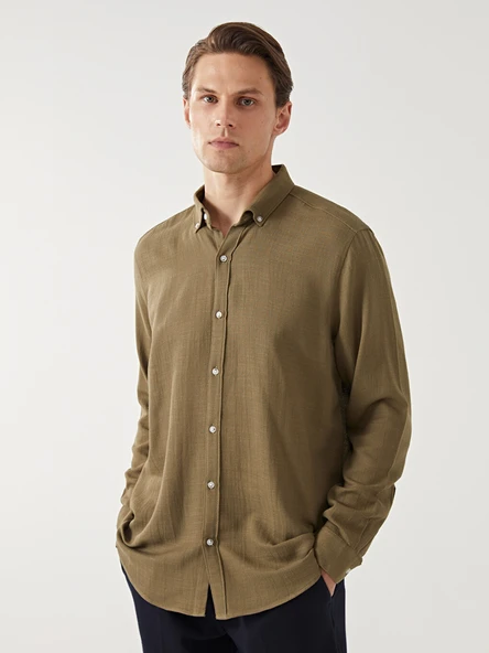 LCW Vision Yeşil Slim Fit Uzun Kollu Armürlü Erkek Gömlek ürün görseli 1