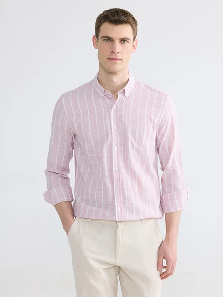 LCWAIKIKI Classic Pembe Regular Fit Çizgili Erkek Dokulu Gömlek ürün görseli 1