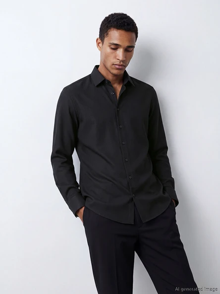 LCW BUSINESS Siyah Slim Fit Armürlü Erkek Gömlek ürün görseli 1