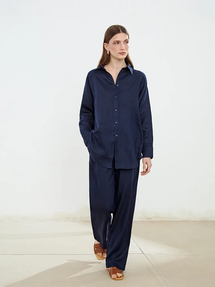 LCW Modest Lacivert Beli Lastikli %100 Keten Kadın Pantolon ürün görseli 1