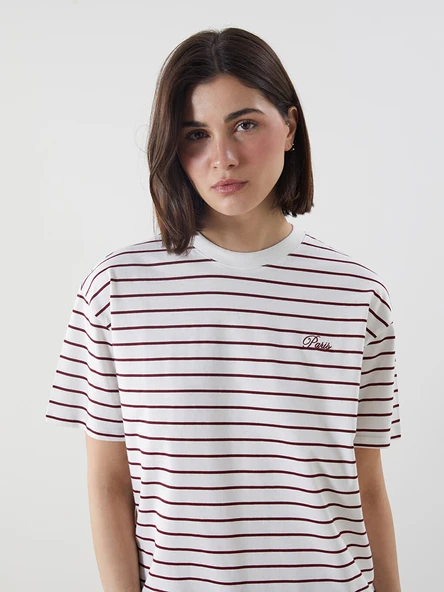 LCW Modest Bordo Bisiklet Yaka Çizgili Kadın Tunik ürün görseli 1