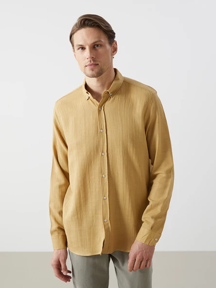 LCW Vision Sarı Slim Fit Uzun Kollu Armürlü Erkek Gömlek ürün görseli 1