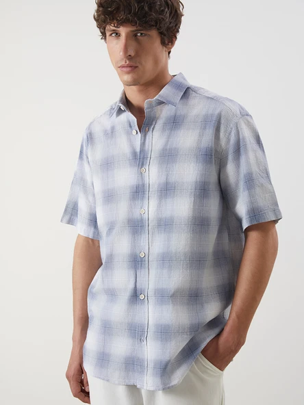 LCW Vision İndigo Regular Fit Kısa Kollu Ekose Poplin Erkek Gömlek ürün görseli 1