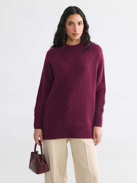 LCW Modest Bordo Bisiklet Yaka Oversize Kadın Triko Tunik ürün görseli 1