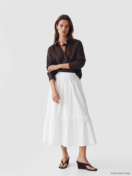 LCW Modest Ekru Beli Fermuarlı Poplin Kloş Etek ürün görseli 1