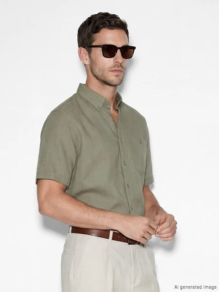 LCWAIKIKI Classic Haki Regular Fit Keten Karışımlı Erkek Gömlek ürün görseli 1