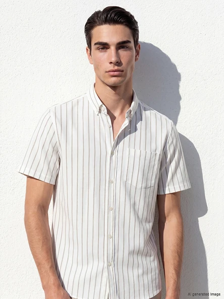 LCWAIKIKI Classic Ekru Regular Fit Çizgili Oxford Erkek Gömlek ürün görseli 1