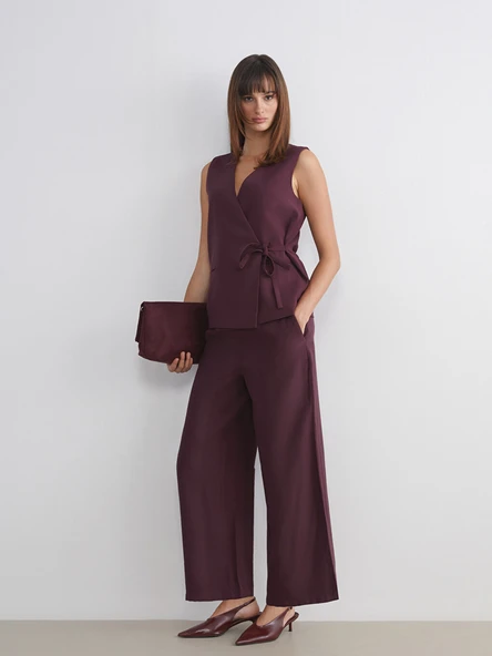 LCW Vision Bordo Beli Lastikli Geniş Paça Kadın Pantolon ürün görseli 1