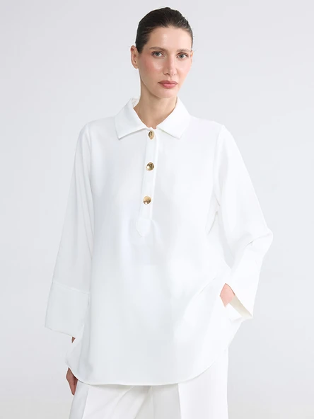 LCW EVERYDAY Beyaz Polo Yaka Oversize Armürlü Kadın Tunik ürün görseli 1
