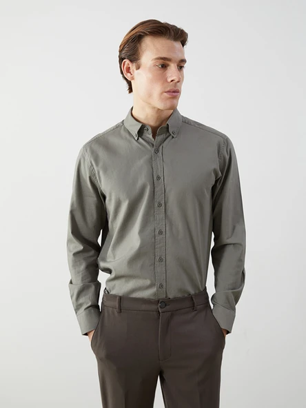 LCW Vision Haki Slim Fit Uzun Kollu Oxford Erkek Gömlek ürün görseli 1