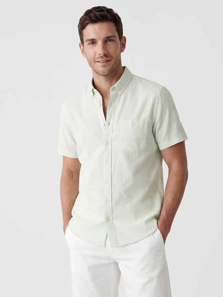 LCWAIKIKI Classic Yeşil Regular Fit Keten Karışımlı Erkek Gömlek ürün görseli 1