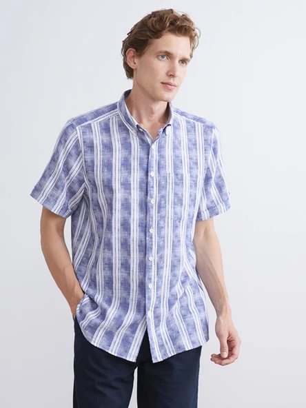 LCWAIKIKI Classic İndigo Regular Fit Kısa Kollu Çizgili Poplin Erkek Gömlek ürün görseli 1